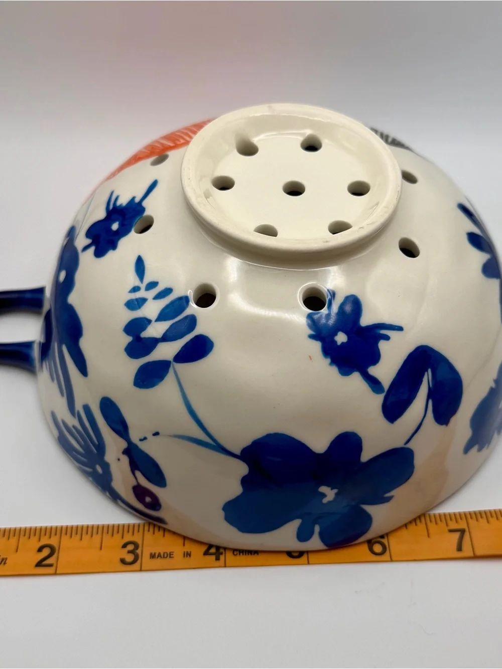 Anthropologie Home Tropic Garden Floral Ceramic Colander in Blue, Orange